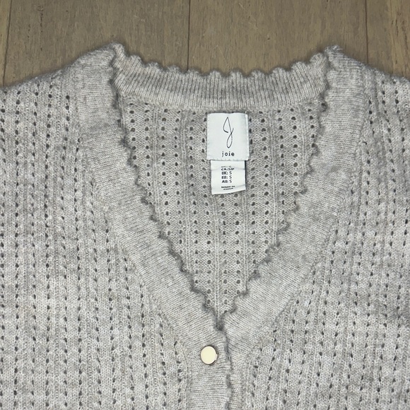 Joie Delicate Heathered Tan Cardigan, Pearly Buttons, Scalloped V-Neck - Picture 3 of 7